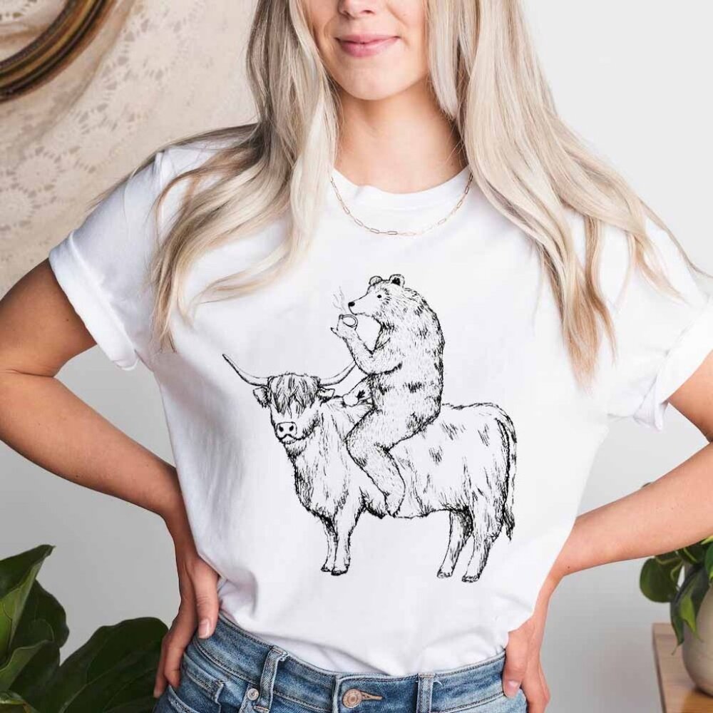 White Short Sleeve Tee with Bear & Highland Cow